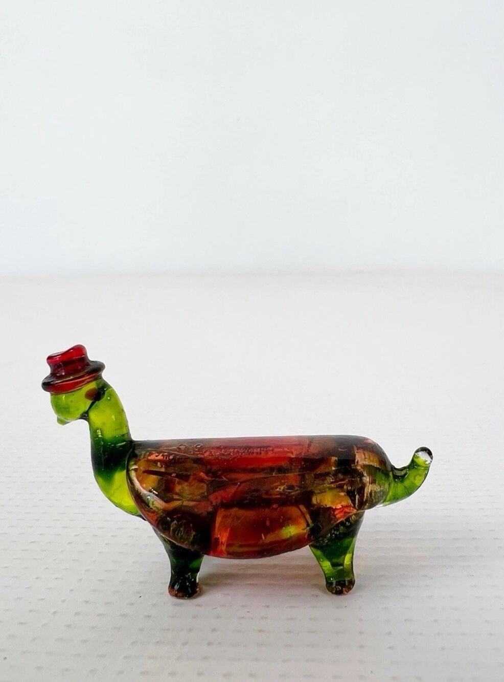 Vintage Art Glass Figurine Turtle With Hat 2” Small Animal Green And Brown